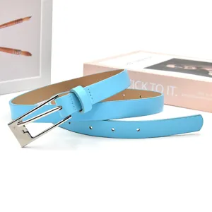 Light blue PU leather thin belt featuring a sleek silver pin buckle, elegant daily wear.
