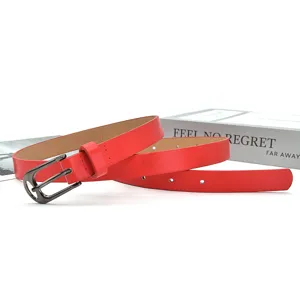 Red women's PU leather thin belt with metal pin buckle, perfect for dress or jeans wear.