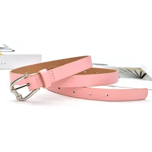 Pink PU leather belt for women, casual metal pin buckle waist belt for jeans dresses.