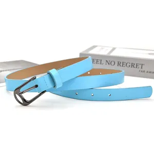 Detailed view of a light blue women's slim PU leather belt with metal pin buckle.