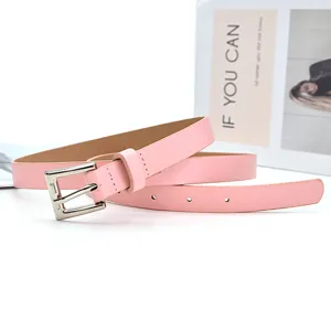 Pink PU leather belt detail shot with silver metal pin buckle, minimalist style daily wear accessory.
