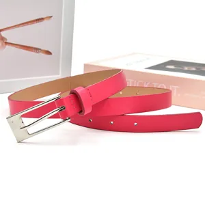 Pink women PU leather belt with silver pin buckle, elegant accessory for jeans and dress.
