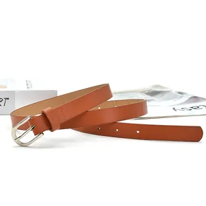Women casual minimalist thin brown leather belt with silver metal pin buckle daily wear accessory