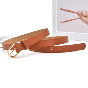 Women brown thin leather belt with elegant gold metal buckle for jeans and daily outfits.