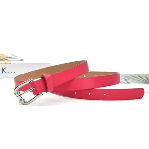 Hot pink PU leather belt detail, silver metal pin buckle, chic women's casual accessory.