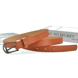 Brown women's PU leather thin belt detail view, showing the material and pin buckle.