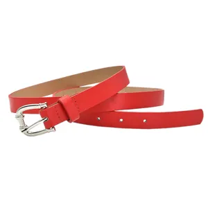 Red PU leather women belt with silver metal buckle, coiled main product shot view style.