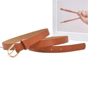 Women's slim brown leather belt with a sleek gold buckle, versatile for jeans and dresses.