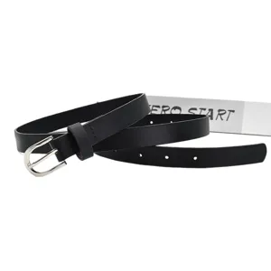 Stylish black thin women belt with silver metal pin buckle for casual everyday fashion wear.