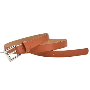 Women brown leather belt with silver double pin buckle minimalist style waist strap main view