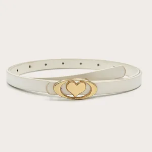 Close-up of a stylish white thin leather belt featuring a sleek gold-colored oval heart buckle.