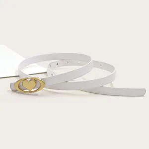 White leather thin belt with gold oval heart buckle for women dress and pants detail