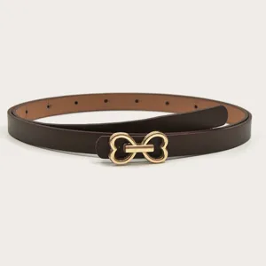 Dark brown thin leather belt with gold heart buckle, stylish detail view for dresses and jeans.