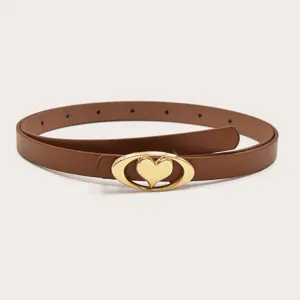 Women's brown thin leather belt with stylish gold-colored oval heart metal buckle for dress.