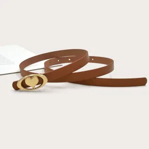Brown thin leather belt for women, elegant dress waist belt with gold heart buckle.