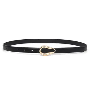 Elegant black PU leather belt with a stylish gold teardrop buckle for women fashion dress.