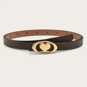 Elegant brown leather thin belt with gold heart buckle close-up detail, fashion accessory.