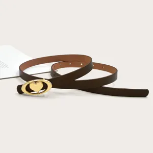 Detail shot of women's brown genuine leather belt with gold oval heart buckle for dresses.