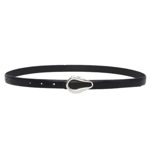 Women's black PU leather thin belt with elegant silver horseshoe buckle for dresses