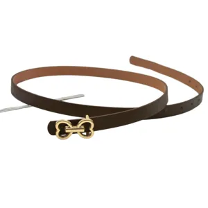 Minimalist brown thin leather belt with gold double heart buckle, stylish accessory.