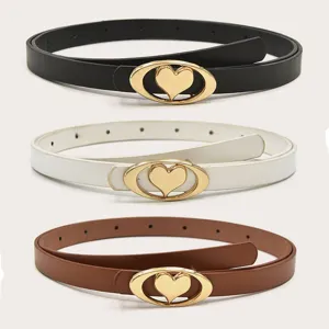 Women Fashion Thin PU Leather Belt Gold Heart Metal Buckle Dress Suit High Waist Pants Belt Minimalist Waistband