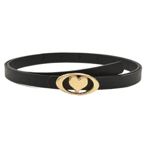Fashion women's thin black waist belt with gold heart buckle, stylish dress accessory.