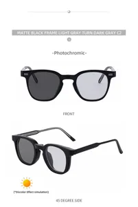 Detail view of matte black photochromic square sunglasses, showing color-changing lens effect.