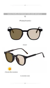 Detail shot of stylish square photochromic sunglasses with black frame and tortoise temples.