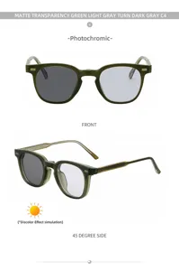 Men's square photochromic sunglasses with matte green frame, UV protection and stylish design.