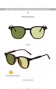 Photochromic square sunglasses detail, dark brown tortoise frame, green gradient lenses view.