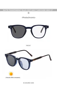 Men's square photochromic sunglasses with anti-blue light clear to dark grey lenses stylish.
