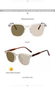 Clear frame photochromic square sunglasses for men, trendy outdoor gradient transition lenses.
