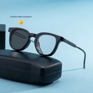 Men's square photochromic sunglasses with trendy black frame and protective case for outdoor.