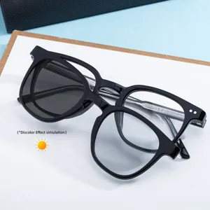 Trendy black square photochromic sunglasses for men, clip-on removable designer eyewear.