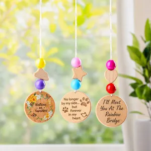 Wood Crystal Suncatcher Pet Memorial Wind Chime Garden Decor Colorful Beads Rainbow Bridge Engraved Pendant Outdoor Hanging Ornament