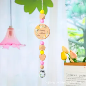 Wooden suncatcher crystal hanging pendant for window garden home decor with colorful beads.