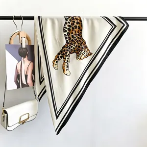 Vintage leopard print silk scarf for women, elegant triangular scarf for shirt and dress matching.