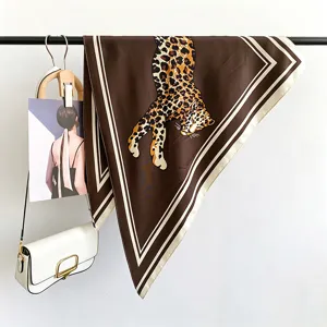 Retro leopard print silk scarf shawl for women, elegant neckerchief for shirt collocation.