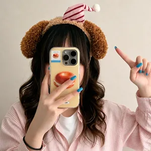 Adorable diadema de orejas de perro de peluche con gorro a rayas, accesorio para el pelo.