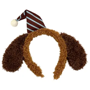 Lindo diadema de orejas de perro de felpa con sombrero a rayas, ideal para lavado facial.