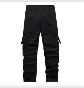 Detailed view of men's black cargo pants, featuring side pockets and straight fit.