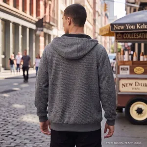 Veste à capuche grise texturée pour homme, style streetwear décontracté en ville.