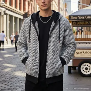 Vue détaillée d'un sweat à capuche zippé pour homme au motif texturé gris et tendance.