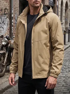 Men's hooded casual jacket waterproof windbreaker outdoor sportswear khaki coat daily wear