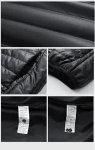 Herren leichte Winter Steppjacke Detailansicht mit Stoff, Tasche, Bündchen und Pflegeetikett.