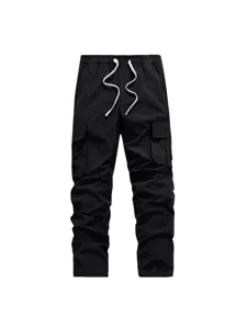 Mens black cargo pants casual multi pocket straight leg trousers spring autumn outdoor streetwear
