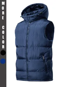 Herren Winter Kapuze Steppweste Aermellos Warm Wattiert Oberbekleidung Casual Jacke Blau