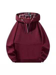 Herren Freizeit Kapuzenpullover mit kariertem Kapuzenfutter und kurzem Reißverschluss.