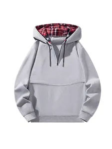 Herren lässiger grauer Viertel-Reißverschluss Hoodie mit kariertem Futter Hauptansicht