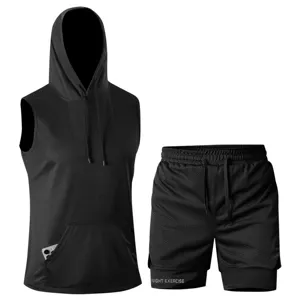 Men's black summer fitness sportswear set, sleeveless hooded vest and breathable mesh shorts.